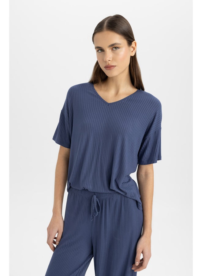 DeFacto Woman Regular Fit V Neck Short Sleeve Homewear Knitted Tops  - Image 2
