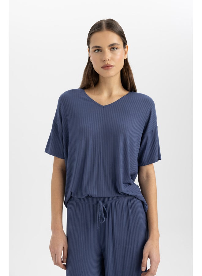 DeFacto Woman Regular Fit V Neck Short Sleeve Homewear Knitted Tops  - Image 4