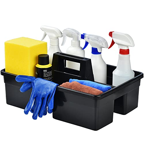 Haundry 3-Compartment Plastic Cleaning Caddy Basket – Stackable Large Commercial Quality Plastic Tool Organizer Bucket with Handle, Black - Image 1