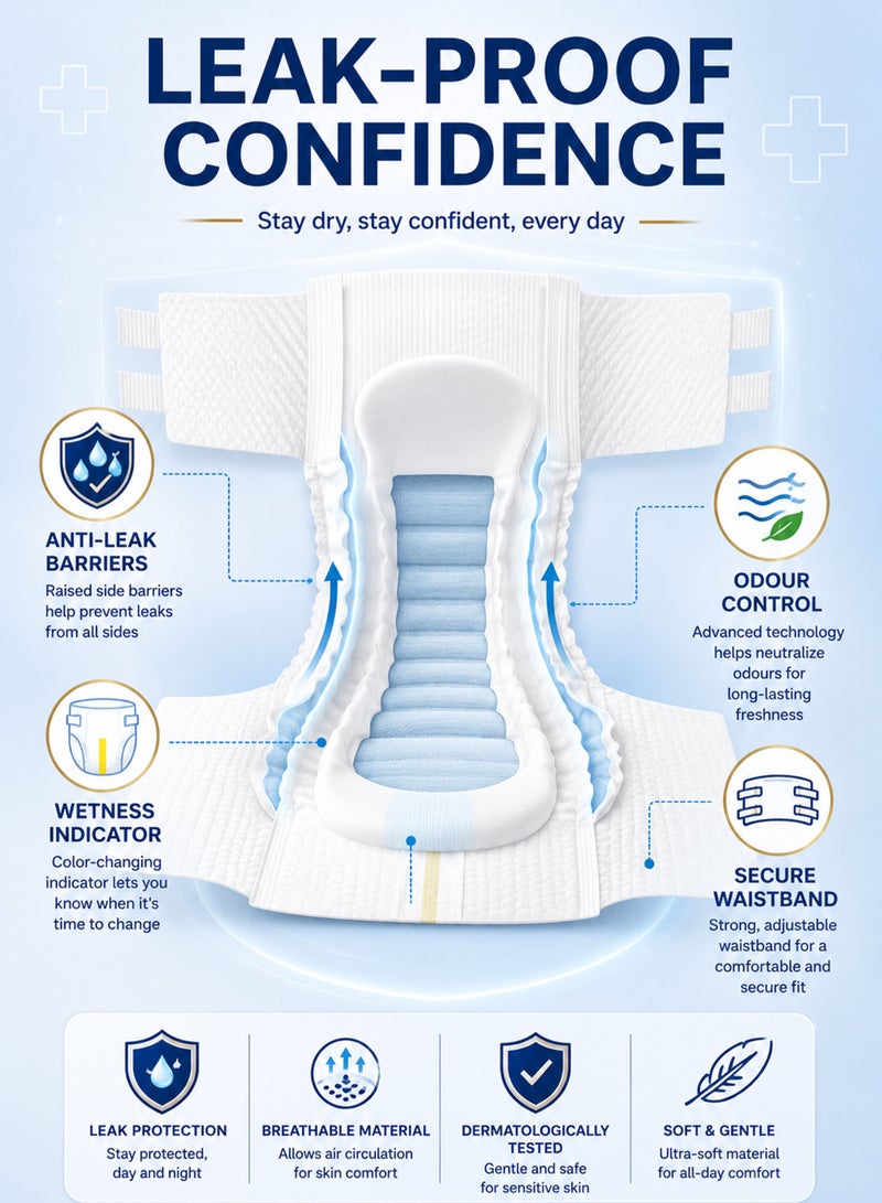 كونفي حفاضات كونفي بريميوم للكبار مقاس متوسط M عدد 30 قطعة حفاضات للسلس البولي للرجال والنساء لمحيط خصر 85-125 سم بتقنية الامتصاص المزدوج وحماية ضد التسرب ومؤشر بلل وتقنية العناية بالبشرة للاستخدام النهاري والليلي - Image 4
