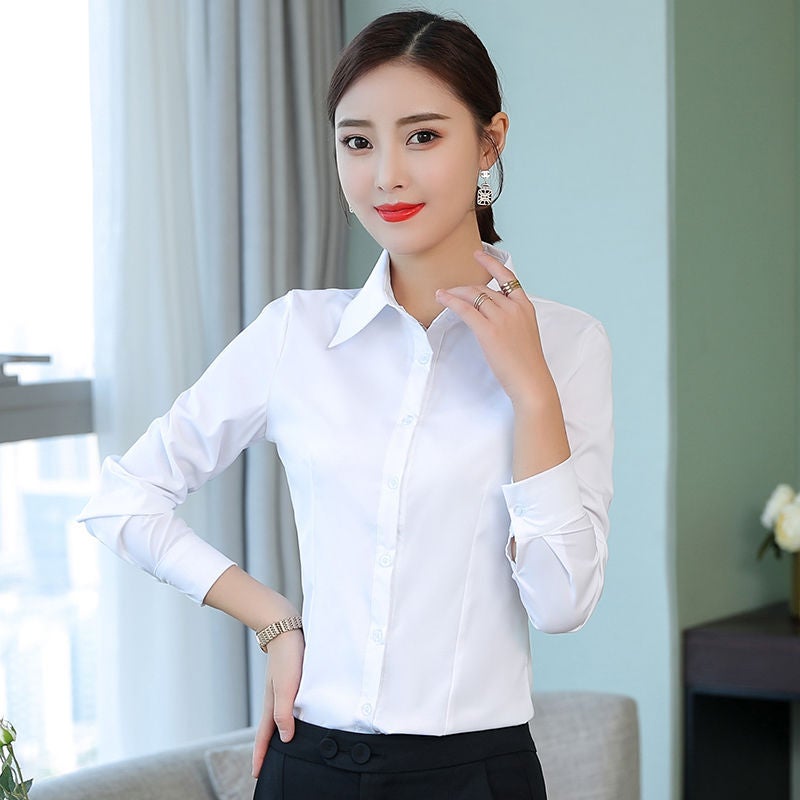 قميص نسائي بأكمام طويلة جديد لفصلي الربيع والخريف، قميص مضاد للتوهج، فستان عمل، ملابس عمل، قمة كورية تناسب جميع الأذواق، بأكمام طويلة بيضاء - Image 1