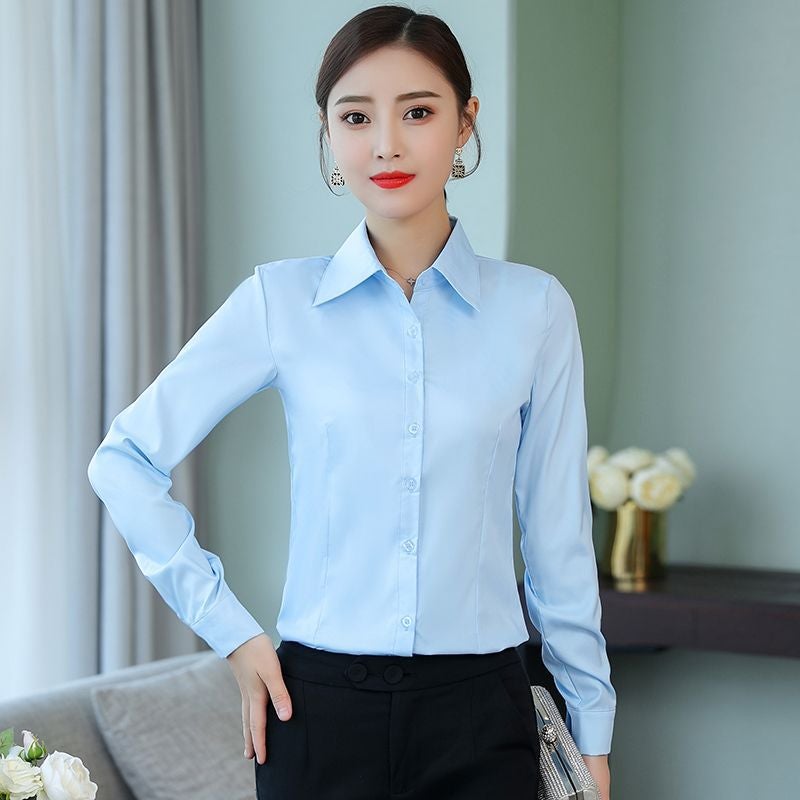 قميص نسائي بأكمام طويلة جديد لفصلي الربيع والخريف، قميص مضاد للتوهج، فستان عمل، ملابس عمل، قمة كورية تناسب جميع الأذواق، بأكمام طويلة بيضاء - Image 2