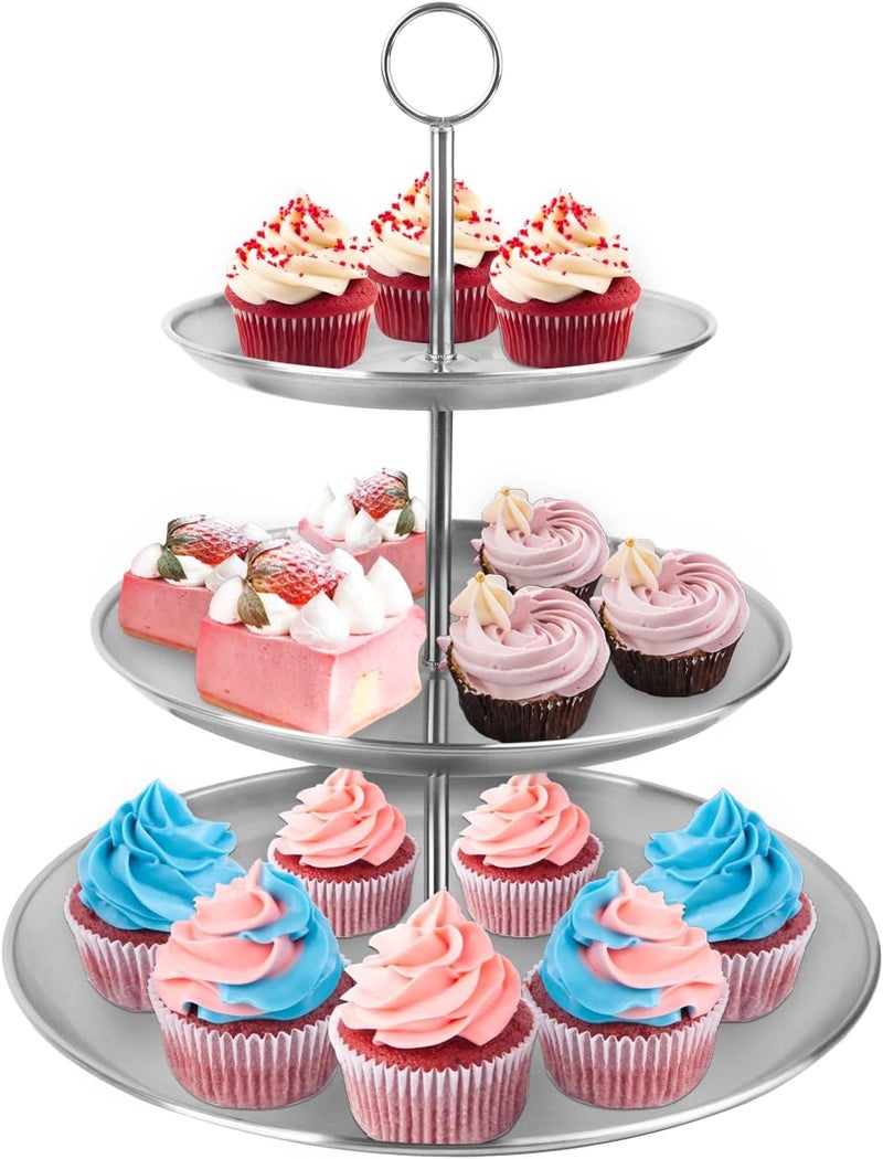 LIAISIMI 3 Tier Silver Cupcake Stand Stainless Steel Dessert Display Rack with Removable Tiered Tray for Parties,Weddings,Birthdays,Decorations,Any Festivals and Festivities(Stainless Steel Pole) - Image 1