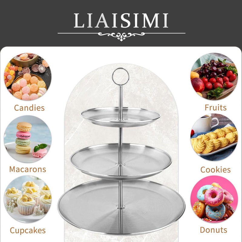 LIAISIMI 3 Tier Silver Cupcake Stand Stainless Steel Dessert Display Rack with Removable Tiered Tray for Parties,Weddings,Birthdays,Decorations,Any Festivals and Festivities(Stainless Steel Pole) - Image 4