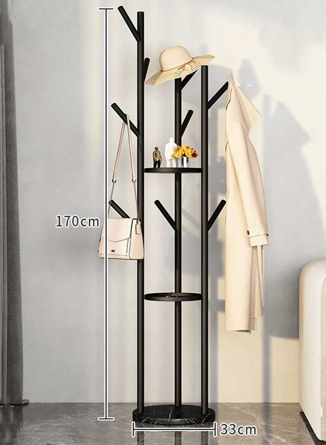 رَوَائِد رف ملابس معدني – حامل أسود مع رفوف وقاعدة من الرخام – شجرة معاطف مزودة بـ9 خطافات للأوشحة والحقائب – تصميم عصري – مناسب للمداخل، غرف المعيشة والنوم – سهل التركيب - Image 4