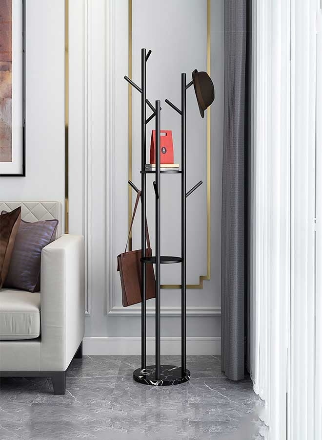 رَوَائِد رف ملابس معدني – حامل أسود مع رفوف وقاعدة من الرخام – شجرة معاطف مزودة بـ9 خطافات للأوشحة والحقائب – تصميم عصري – مناسب للمداخل، غرف المعيشة والنوم – سهل التركيب - Image 5