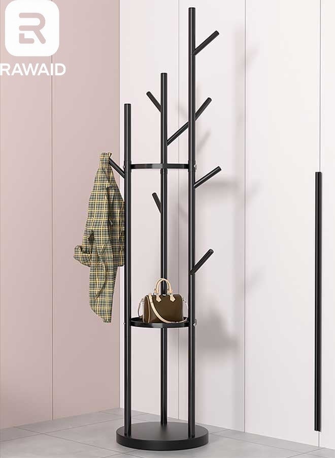 رَوَائِد رف ملابس معدني – حامل أسود مع رفوف وقاعدة من الرخام – شجرة معاطف مزودة بـ9 خطافات للأوشحة والحقائب – تصميم عصري – مناسب للمداخل، غرف المعيشة والنوم – سهل التركيب - Image 1