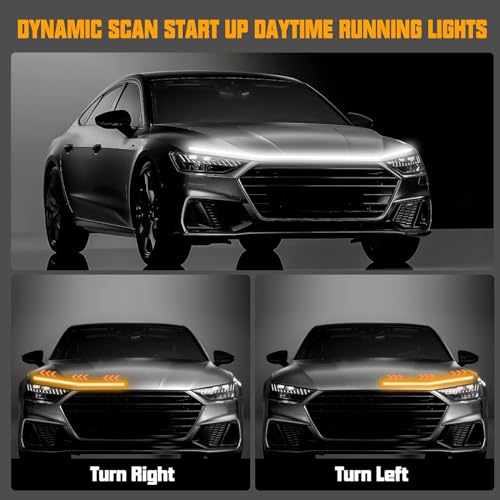 BAILONGJU Flexible Car Hood Light Strip, 70 Inches Dynamic LED Daytime Running Lights, White and Amber Switchback Sequential Turn Signal Lights for Car, Truck, SUV - Image 2