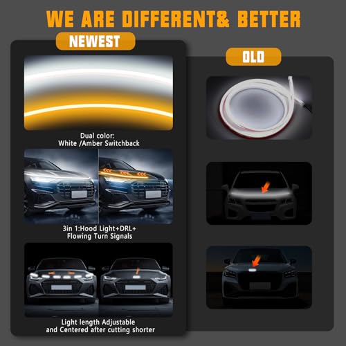 BAILONGJU Flexible Car Hood Light Strip, 70 Inches Dynamic LED Daytime Running Lights, White and Amber Switchback Sequential Turn Signal Lights for Car, Truck, SUV - Image 3