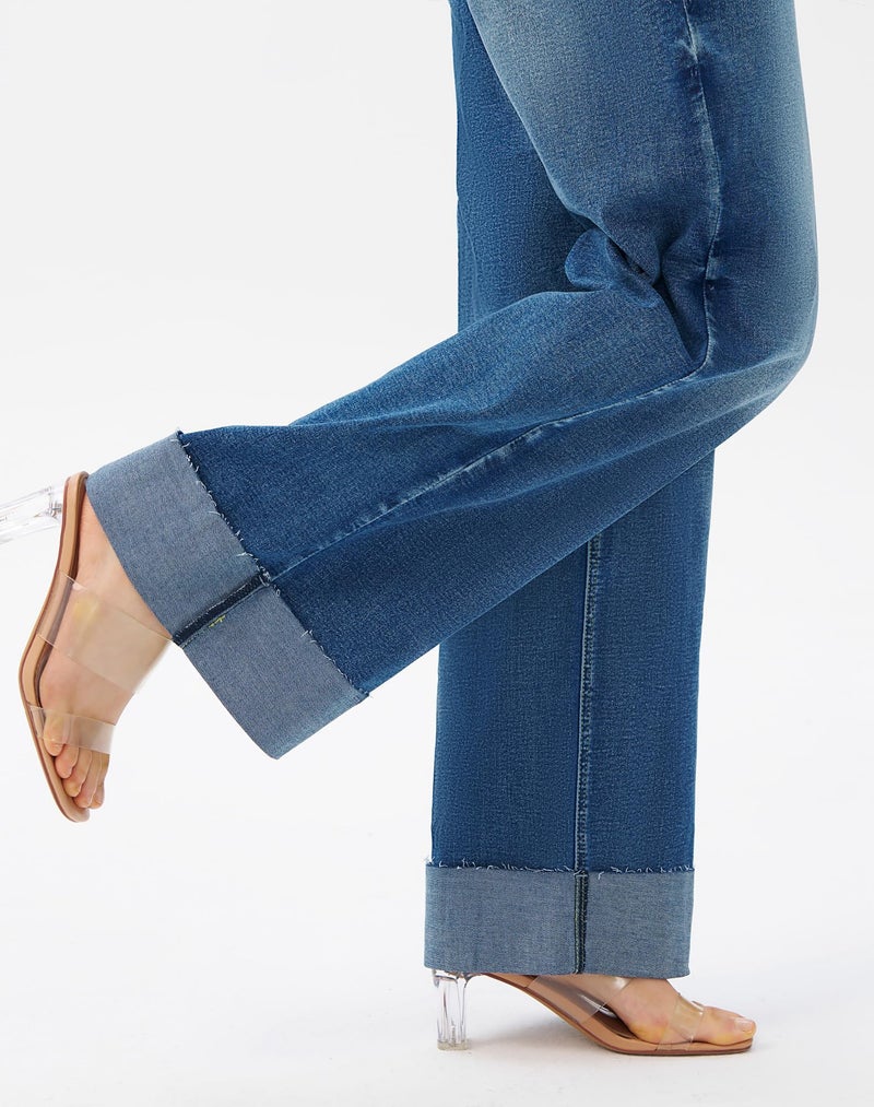 roswear Women's High Waisted Stretchy Wide Leg Jeans Cuffed Baggy Jeans Loose Denim Pants Light Blue Large - Image 4