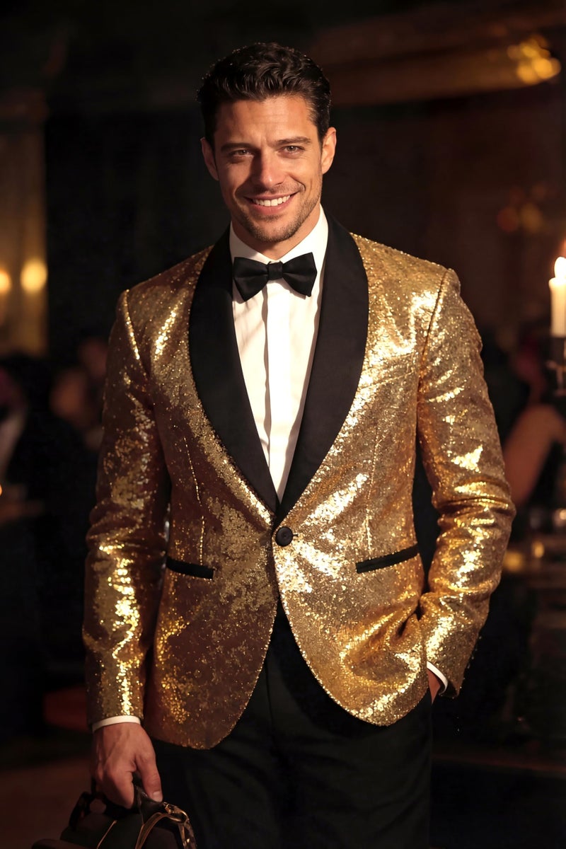 Coucoland Gold Sequin Jacket-Sparkly Blazer 70s Outfits for Men Disco Costume(Gold,XL) - Image 2