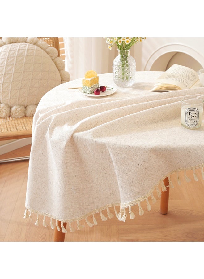 Round Tablecloth Washable Cotton Linen Tablecloths Fabric Tassel Tablecloth Dust-Proof Table Cover for Kitchen Dinning Tabletop Restaurant Party Home Decoration Everyday Use (Linen, 120cm ,Round) - Image 2