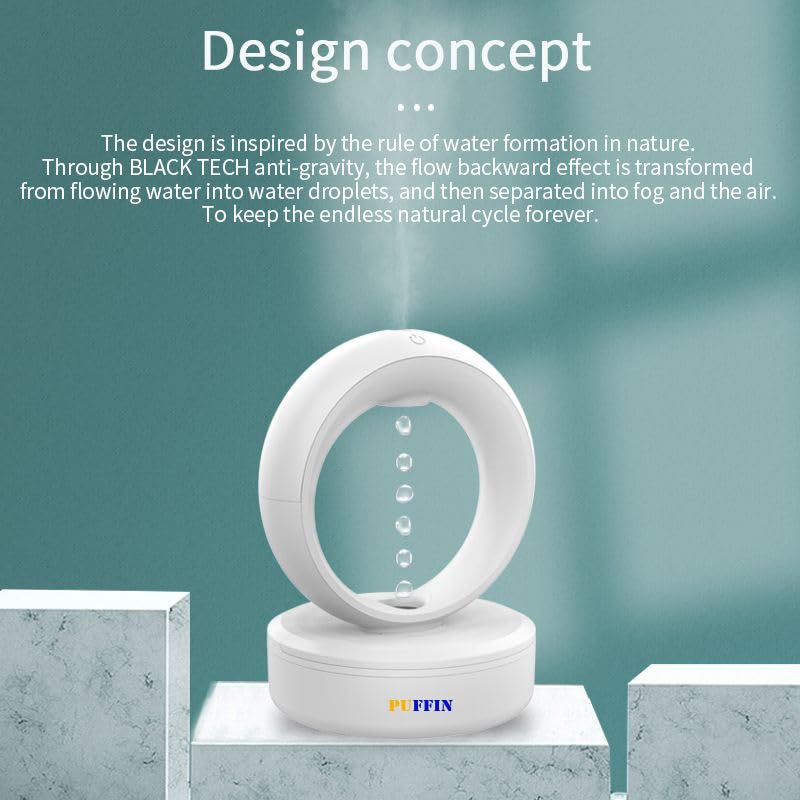 Puffin Aroma Diffuser Anti-Gravity Humidifier, Air Humidifier with LED Light, Quiet Water Drip Diffuser, Anti Gravity Levitating Water Drops 680ml for Bedroom Home Office House Hotel Shop Restaurant - Image 4