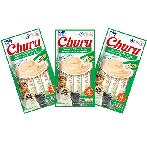INABA Churu Cat Treats, Grain-Free, Lickable, Squeezable Creamy Purée Cat Treat/Topper with Vitamin E & Taurine, 0.5 Ounces Each Tube, 12 Tubes (4 per Pack), Tuna with Chicken Recipe - Image 1