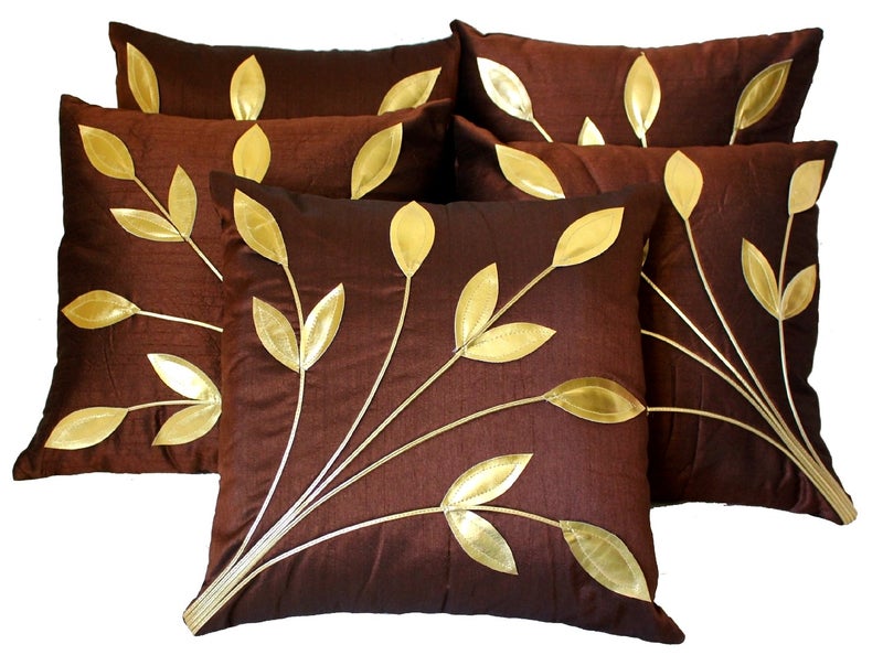 Urvaan Silk Golden Floral Cushion Covers, 16 X 16 Inch, Brown, Set of 5 - Image 1