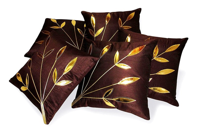 Urvaan Silk Golden Floral Cushion Covers, 16 X 16 Inch, Brown, Set of 5 - Image 5