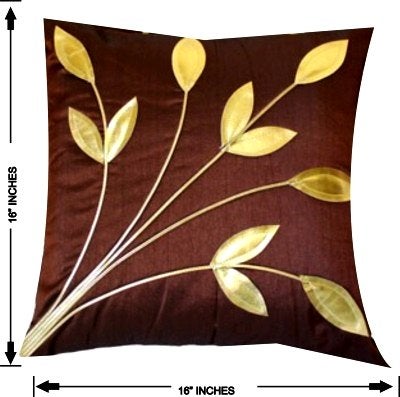 Urvaan Silk Golden Floral Cushion Covers, 16 X 16 Inch, Brown, Set of 5 - Image 2