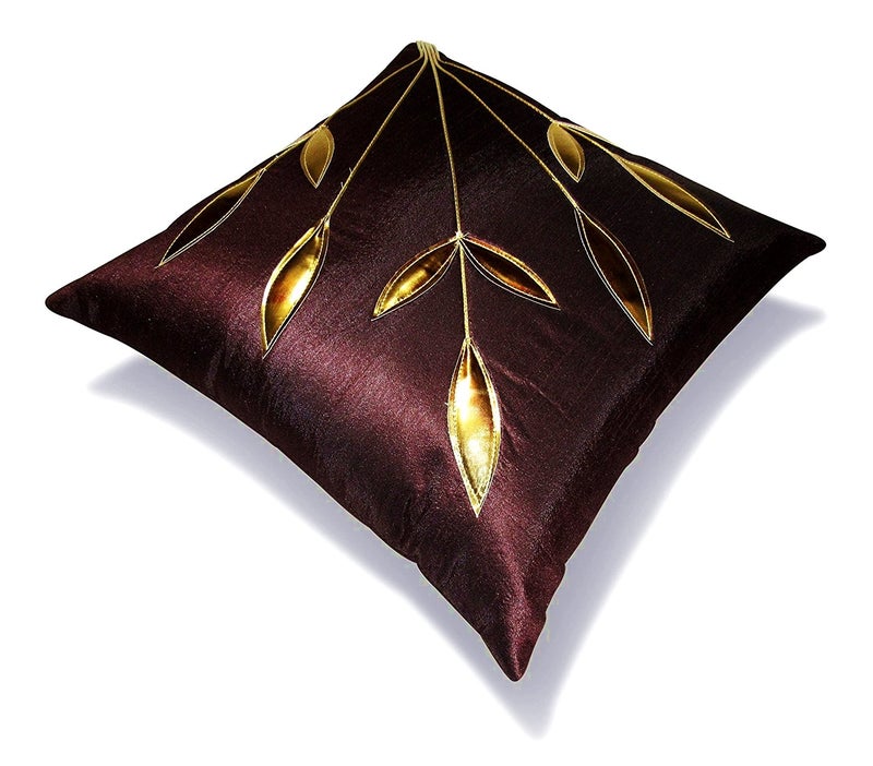 Urvaan Silk Golden Floral Cushion Covers, 16 X 16 Inch, Brown, Set of 5 - Image 3