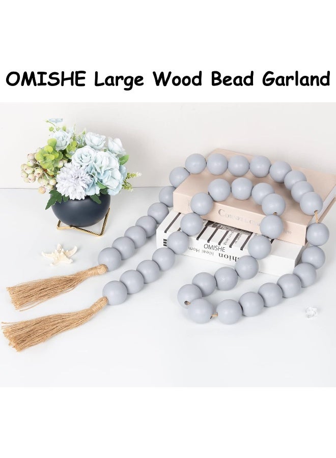 OMISHE OMISHE 76" Long Large Wood Bead Garland Grey with 1.6" Diameter Wooden Beads and Tassels, Rustic Farmhouse Country Wood Beads Garland for Home Tiered Tray Decor, Decorative Beads with Tassels Grey  - Image 3