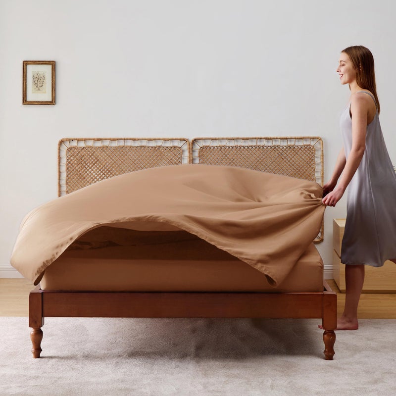 Bedsure Queen Sheet Set, Rayon Derived from Bamboo, Cooling Sheets, Breathable & Soft, Deep Pocket Up to 16 Inches, Hotel Luxury Silky Bedding for Hot Sleepers, Khaki - Image 4