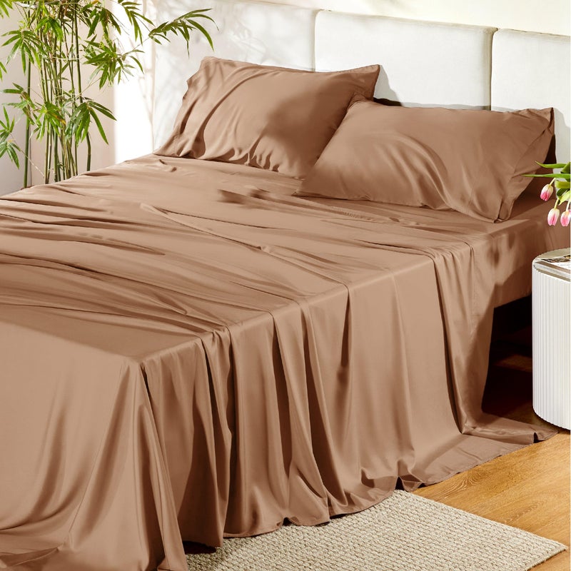 Bedsure Queen Sheet Set, Rayon Derived from Bamboo, Cooling Sheets, Breathable & Soft, Deep Pocket Up to 16 Inches, Hotel Luxury Silky Bedding for Hot Sleepers, Khaki - Image 1