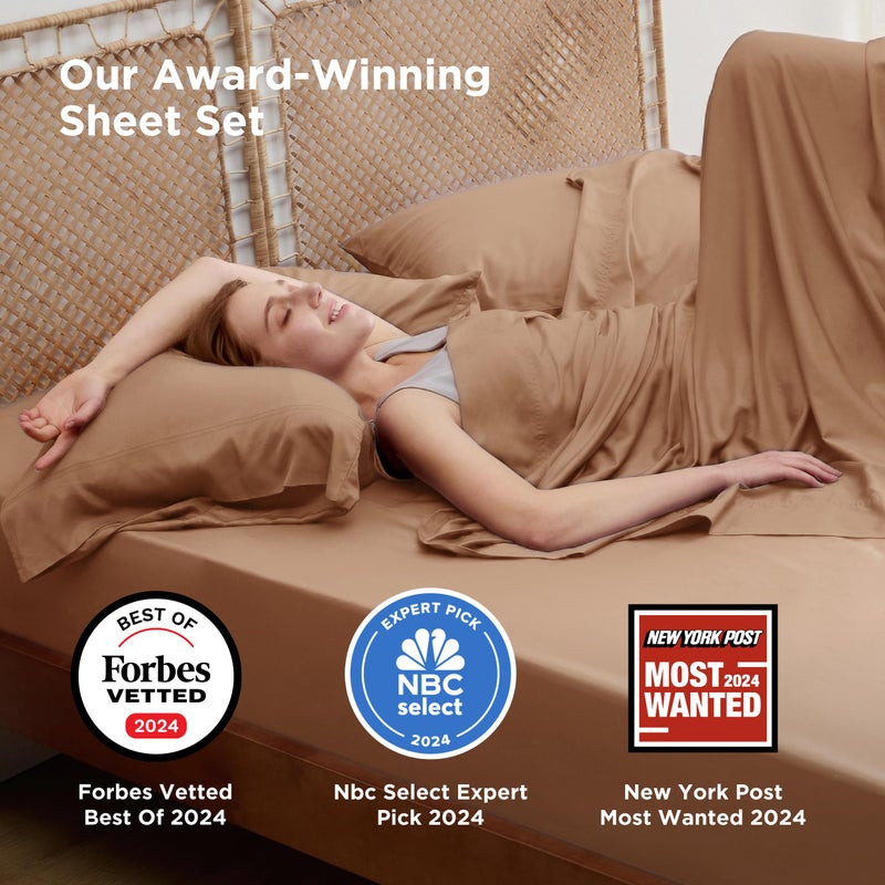 Bedsure Queen Sheet Set, Rayon Derived from Bamboo, Cooling Sheets, Breathable & Soft, Deep Pocket Up to 16 Inches, Hotel Luxury Silky Bedding for Hot Sleepers, Khaki - Image 2