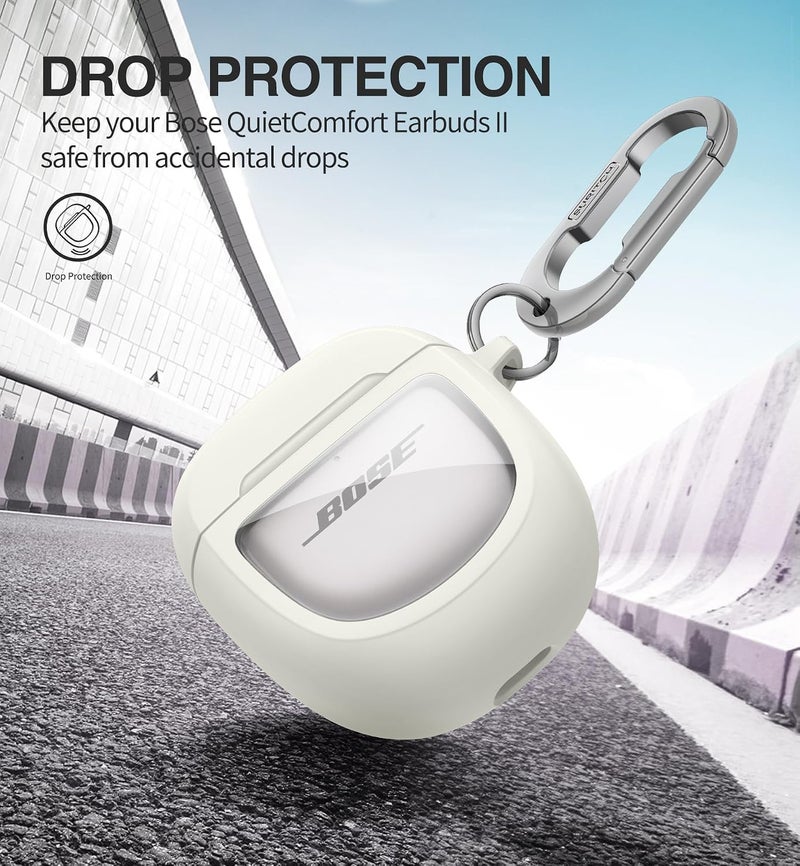 جيكريا حافظات حماية SURITCH لسماعات Bose QuietComfort Earbuds II 2022 / QuietComfort Ultra/Ultra Earbuds الجيل الثاني، غطاء حافظة مقاوم للصدمات لـ Bose QC ii 2 وملحقات حافظة Ultra مع حلقة تسلق، أبيض - Image 4