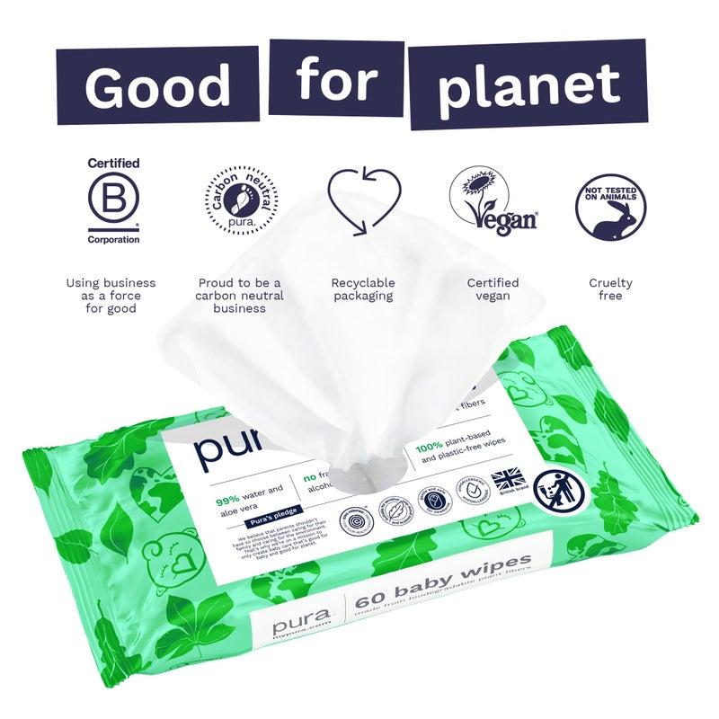 Pura Natural Sensitive Baby Wipes, 99% Water, Unscented & Hypoallergenic, Suitable for Sensitive & Eczema-prone Skin, Fragrance Free & Hypoallergenic, EWG Verified, 1 Pack of 60 Wet Wipes - Image 4