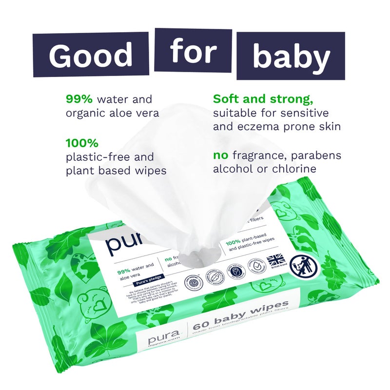 Pura Natural Sensitive Baby Wipes, 99% Water, Unscented & Hypoallergenic, Suitable for Sensitive & Eczema-prone Skin, Fragrance Free & Hypoallergenic, EWG Verified, 1 Pack of 60 Wet Wipes - Image 3