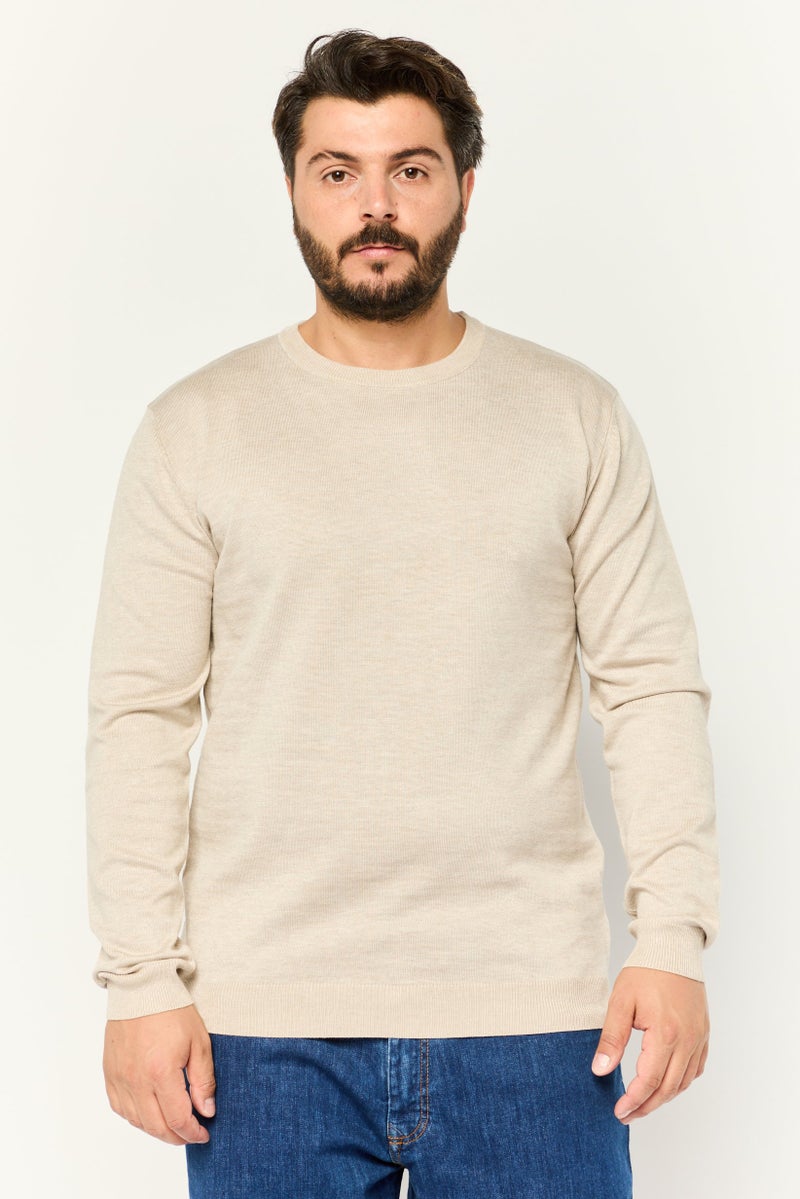 Sorbino Men Crew Neck Long Sleeve Knitted Sweater, Beige - Image 1