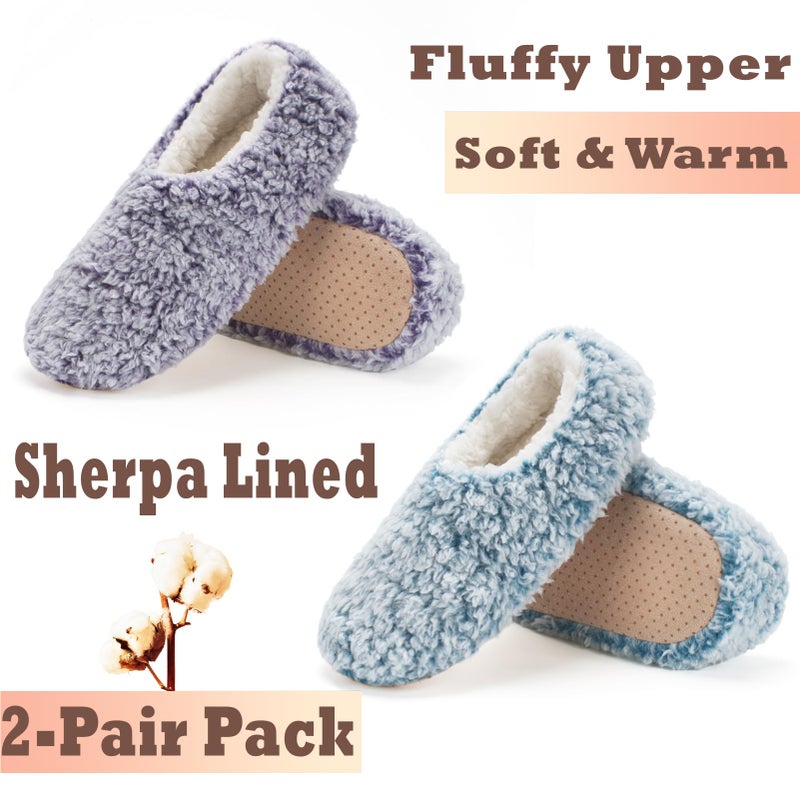 Cozylook 2-PK Cozy House Slippers for Women Indoor, Furry Slip-on Shoes, Fuzzy Warm Bedroom Loafers, Unique Gifts for Christmas Mother's Day Valentines, Purple Teal Adult Size 5-6 - Image 4