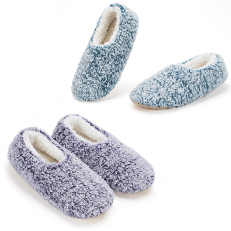 Cozylook 2-PK Cozy House Slippers for Women Indoor, Furry Slip-on Shoes, Fuzzy Warm Bedroom Loafers, Unique Gifts for Christmas Mother's Day Valentines, Purple Teal Adult Size 5-6 - Image 1