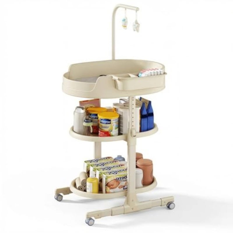 Portable Baby Changing Table with Wheels, Foldable Waterproof Height Adjustable Diaper Changing Station, Mobile Nursery Organizer with Large Storage Rack for Infants Newborns Beige - Image 1