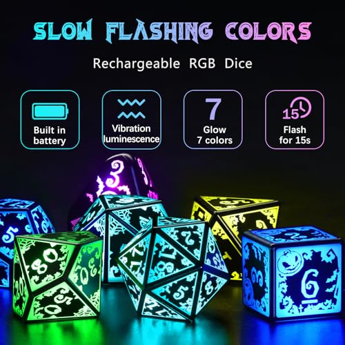 FONVGOGO Light Up DND Dice Set Rechargeable with Charging Case for Dungeons and Dragons Cool Unique LED Dice Set D and D 7 Color Polyhedral Role Playing RPG Dice for Tabletop DND Gifts Pumpkin RGB - Image 5