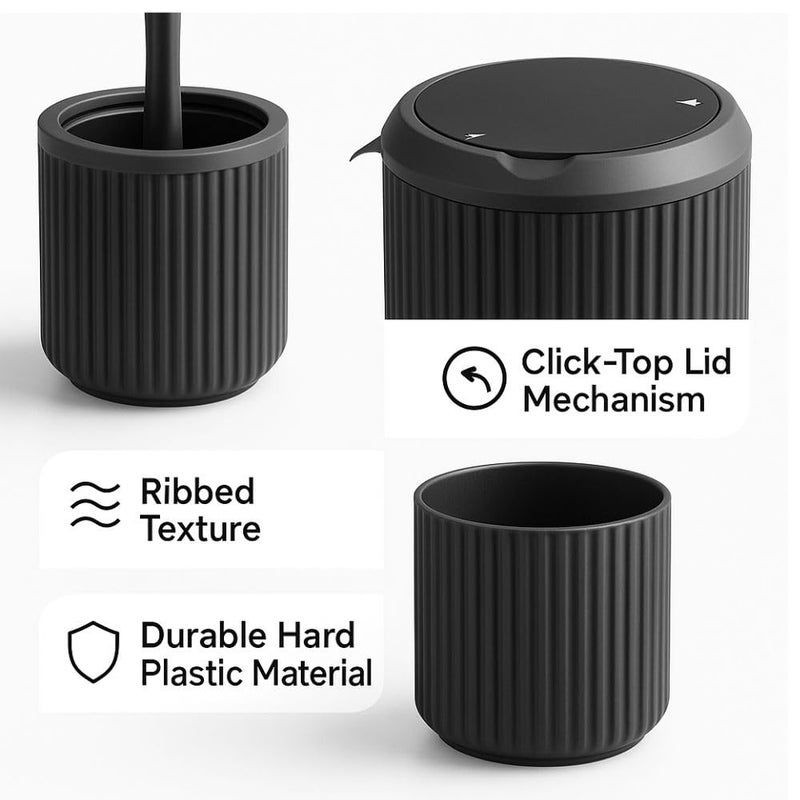 5-Piece Bathroom Set – 4 Liter Trash Can, Toilet Brush, Liquid Soap Dispenser, Solid Soap Dish & Toothbrush Holder – Made of Hard Plastic, Impact-Resistant, Modern Ribbed Design (Black) - Image 4