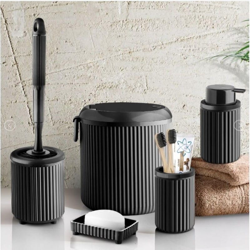 5-Piece Bathroom Set – 4 Liter Trash Can, Toilet Brush, Liquid Soap Dispenser, Solid Soap Dish & Toothbrush Holder – Made of Hard Plastic, Impact-Resistant, Modern Ribbed Design (Black) - Image 2
