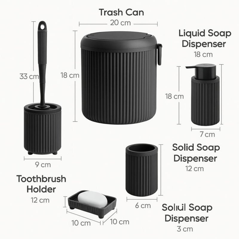 5-Piece Bathroom Set – 4 Liter Trash Can, Toilet Brush, Liquid Soap Dispenser, Solid Soap Dish & Toothbrush Holder – Made of Hard Plastic, Impact-Resistant, Modern Ribbed Design (Black) - Image 5