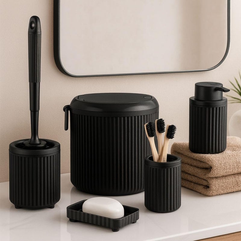 5-Piece Bathroom Set – 4 Liter Trash Can, Toilet Brush, Liquid Soap Dispenser, Solid Soap Dish & Toothbrush Holder – Made of Hard Plastic, Impact-Resistant, Modern Ribbed Design (Black) - Image 3