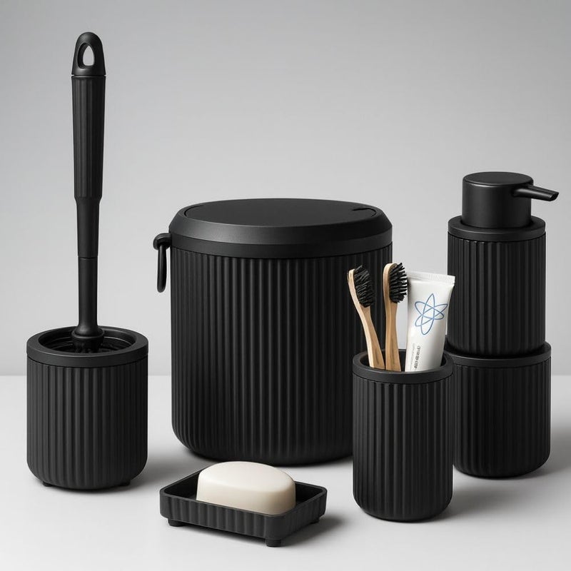 5-Piece Bathroom Set – 4 Liter Trash Can, Toilet Brush, Liquid Soap Dispenser, Solid Soap Dish & Toothbrush Holder – Made of Hard Plastic, Impact-Resistant, Modern Ribbed Design (Black) - Image 1