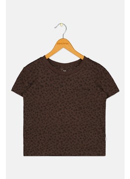 Kids Girl Floral Pattern Pocket T-Shirt, Coffee Brown