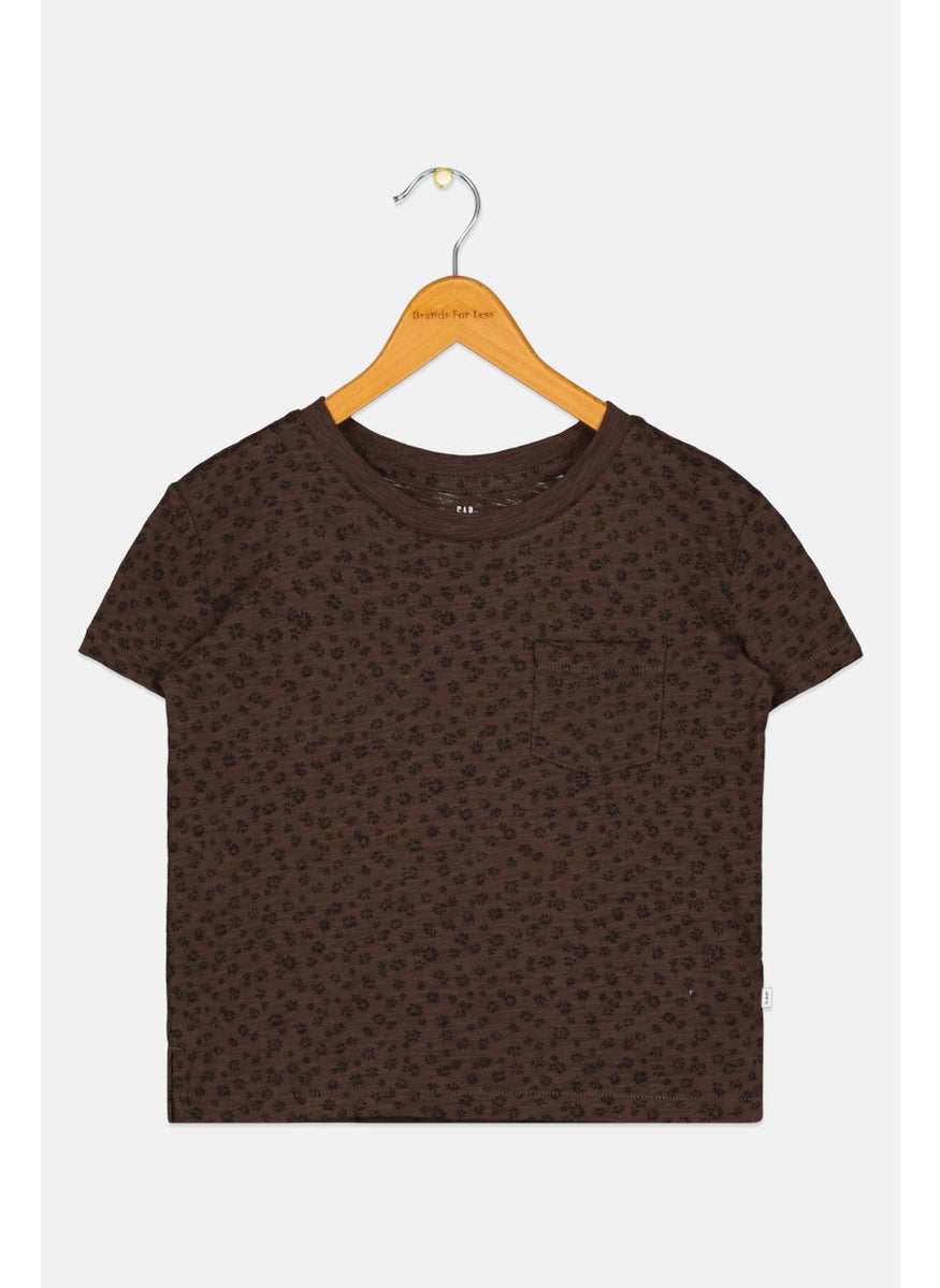 GAP - Kids Girl Floral Pattern Pocket T-Shirt, Coffee Brown - Image 1