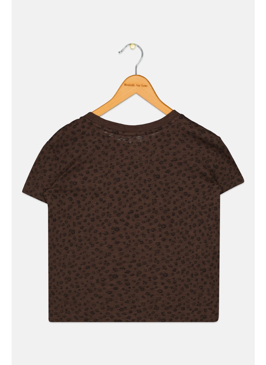 GAP - Kids Girl Floral Pattern Pocket T-Shirt, Coffee Brown - Image 1
