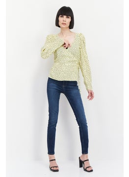 MANGO Women V Neck Long Sleeve Polka Dots Blouse, Yellow Combo  - Image 3