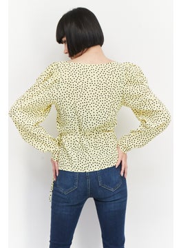 MANGO Women V Neck Long Sleeve Polka Dots Blouse, Yellow Combo  - Image 4