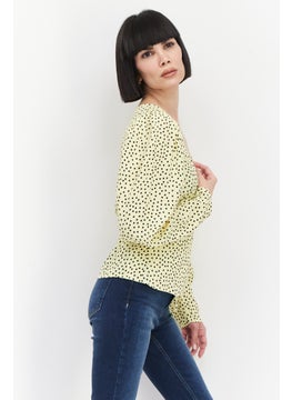 MANGO Women V Neck Long Sleeve Polka Dots Blouse, Yellow Combo  - Image 2