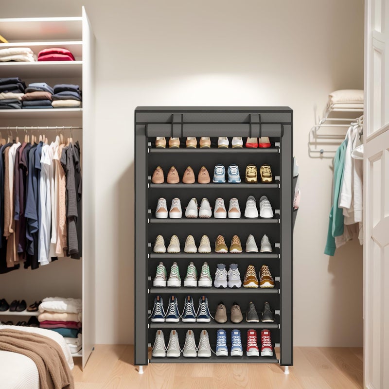 Laiensia 7-Tier Vertical Shoe Rack Organizer, Space Saving Shoe Storage Organizer, Non-Woven Cover Shoe Shelf Holds 28-35 Pairs for Bedroom, Hallway, Closet Entryway, Grey - Image 3