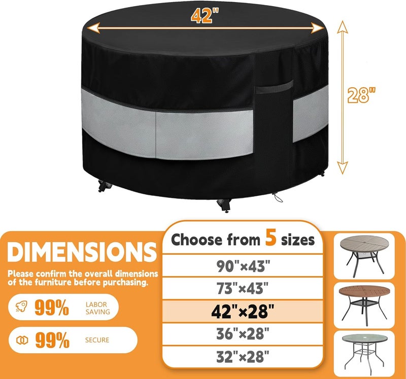 Wnanan Round Patio Furniture Cover Black Grey Waterproof Up to 10000pa for 42 x 28 Inch Outdoor Round Table Covers - Image 2