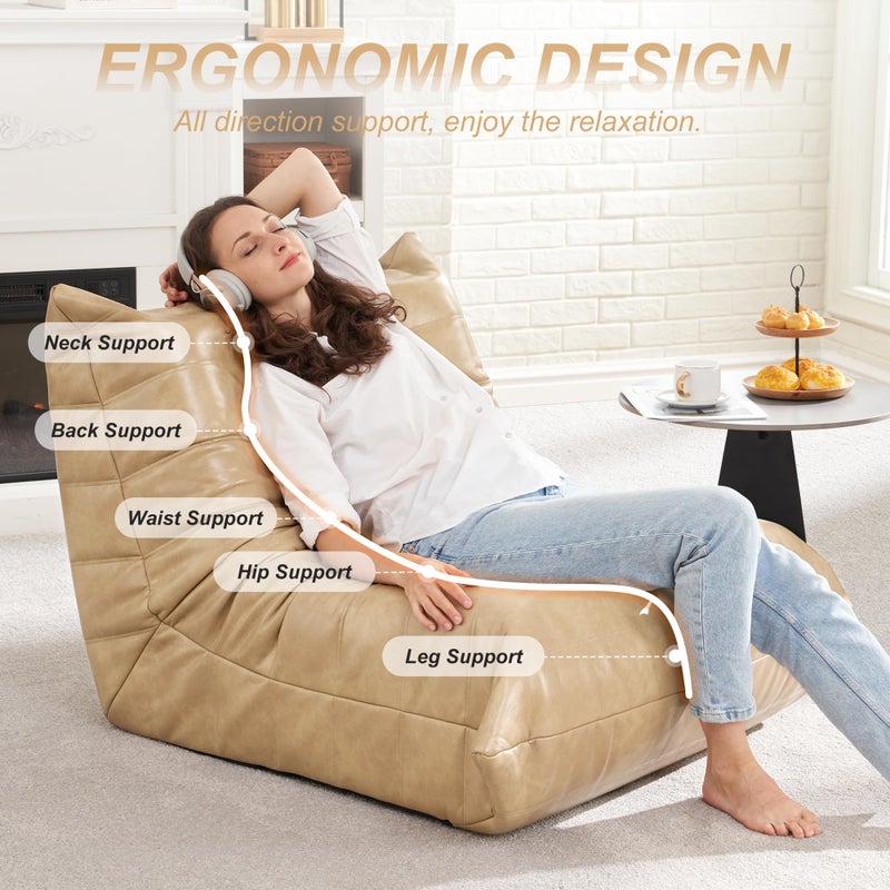Hobestluk Giant Bean Bag Chair Lazy Floor Sofa, Memory Foam Fireside Sofa for Adults, Big Beanbag Faux Leather Armless Chair for Living Room Bedroom Dorm Office (Khaki, Single) - Image 4