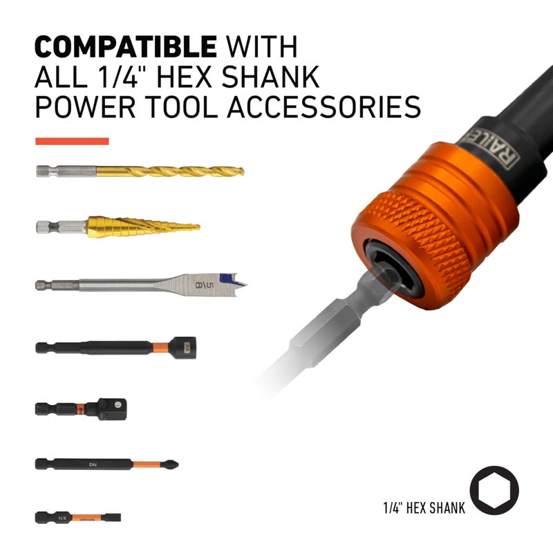 Railer Bit Holder Keychain 5pc - 1/4 inch Hex Shank Bit Holders - Quick Release Bit Holder For Nut Driver, Screwdriver & Drill Bits w/Key Chain Carabiner - Image 2