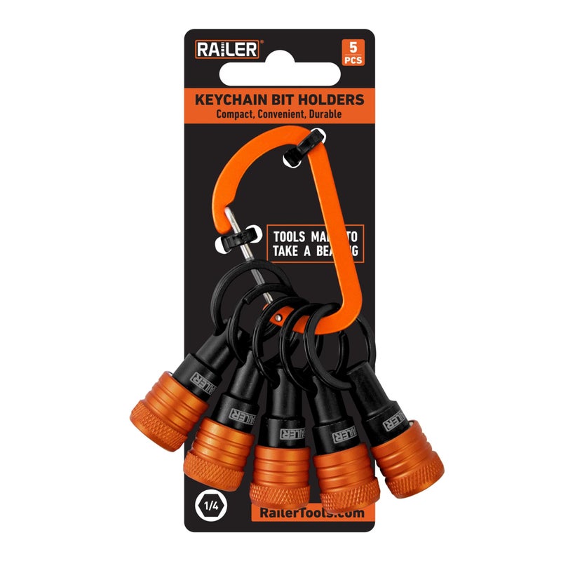 Railer Bit Holder Keychain 5pc - 1/4 inch Hex Shank Bit Holders - Quick Release Bit Holder For Nut Driver, Screwdriver & Drill Bits w/Key Chain Carabiner - Image 1